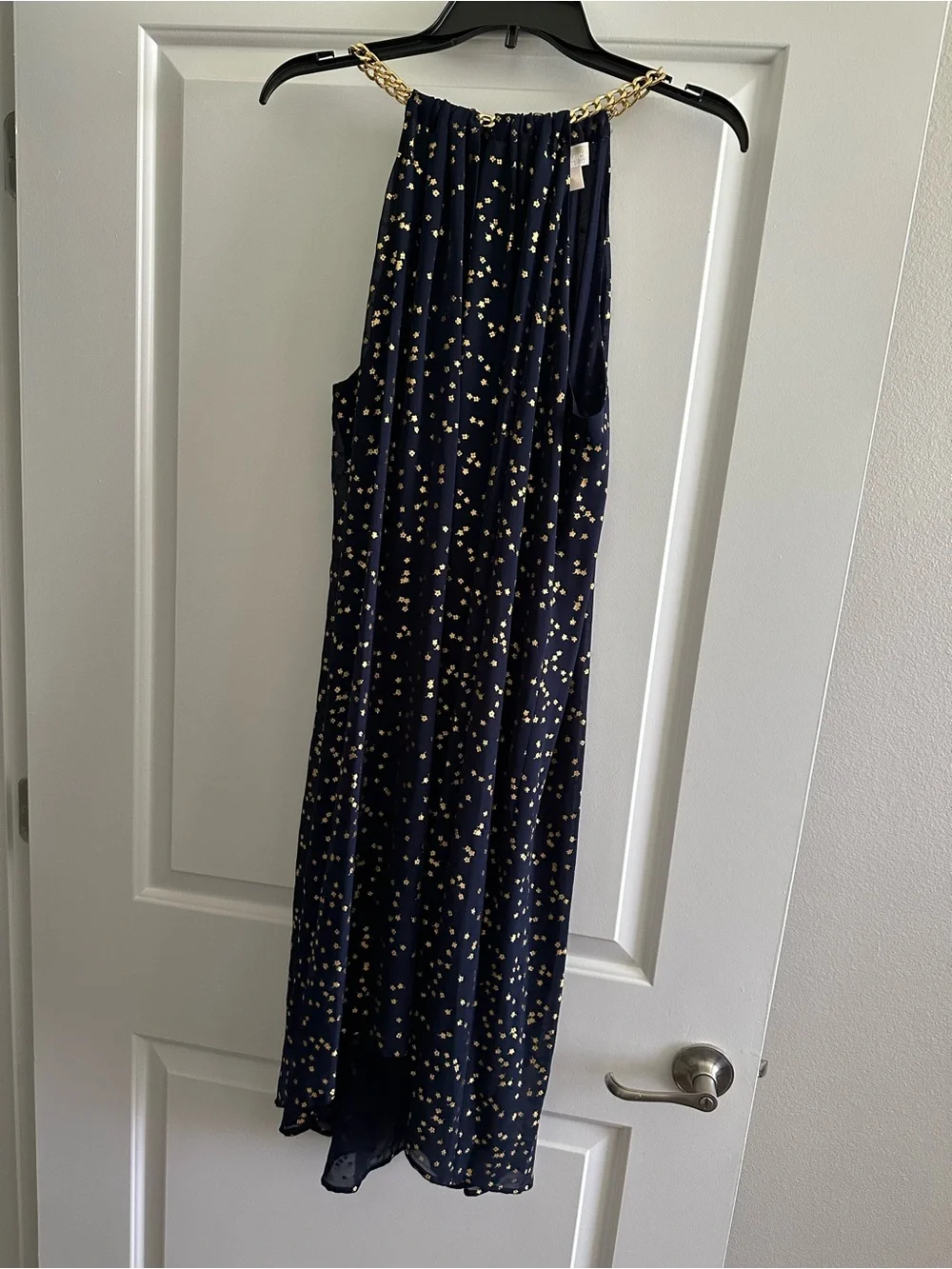 Michael Kors Chain Neck Metallic Print Trapeze Dress in True Navy and Gold Foil